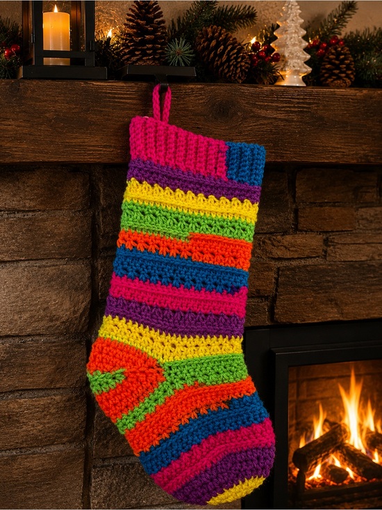 Hand Crafted Other - Handmade Rainbow Crochet Christmas Stocking Colorful Bright Holiday Decor